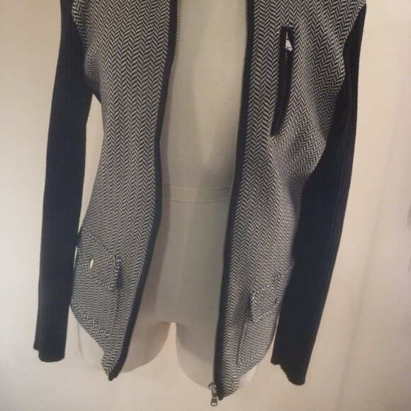 Lauren Women M Herringbone Black White Sweater Cardigan Zip Ribbed Colorblock - Picture 12 of 16